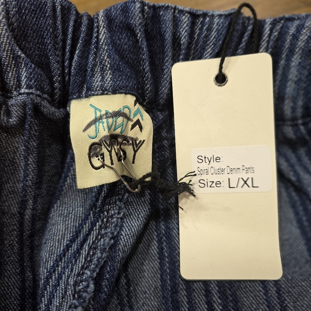 Jaded Gypsy Spiral Cluster Denim Pinstripe Cargo Pants Boho L/XL - Picture 12 of 15